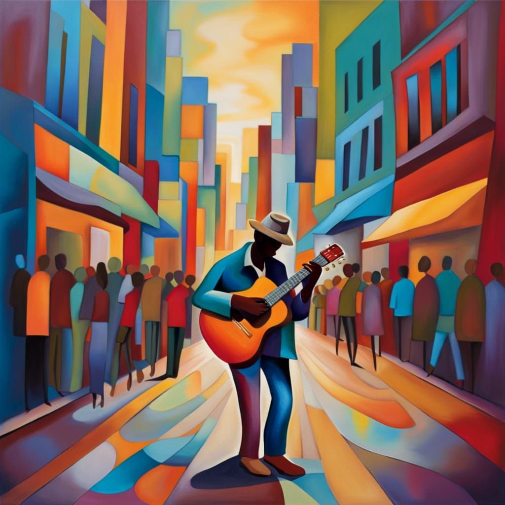 Soulful Guitarist on City Street in Abstract Art