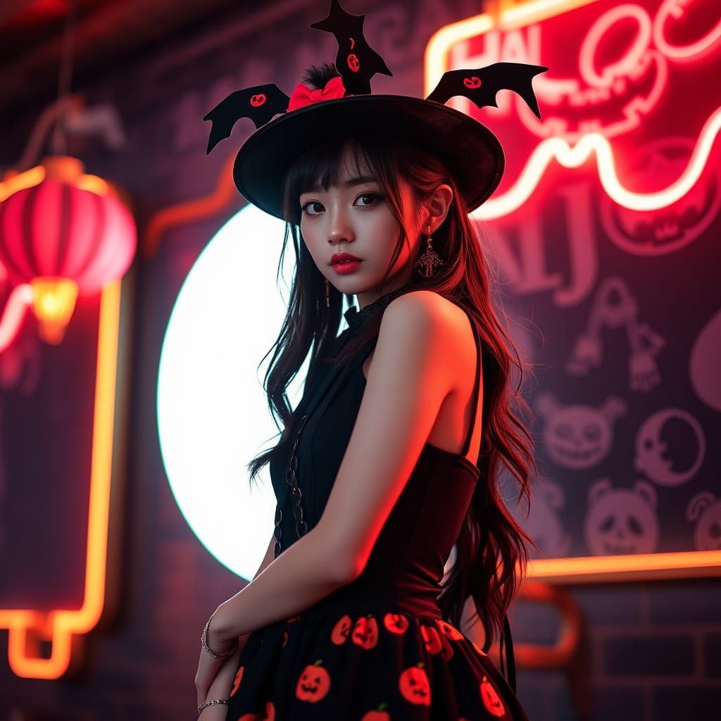 K-Pop Star Halloween Portrait in Neon Style