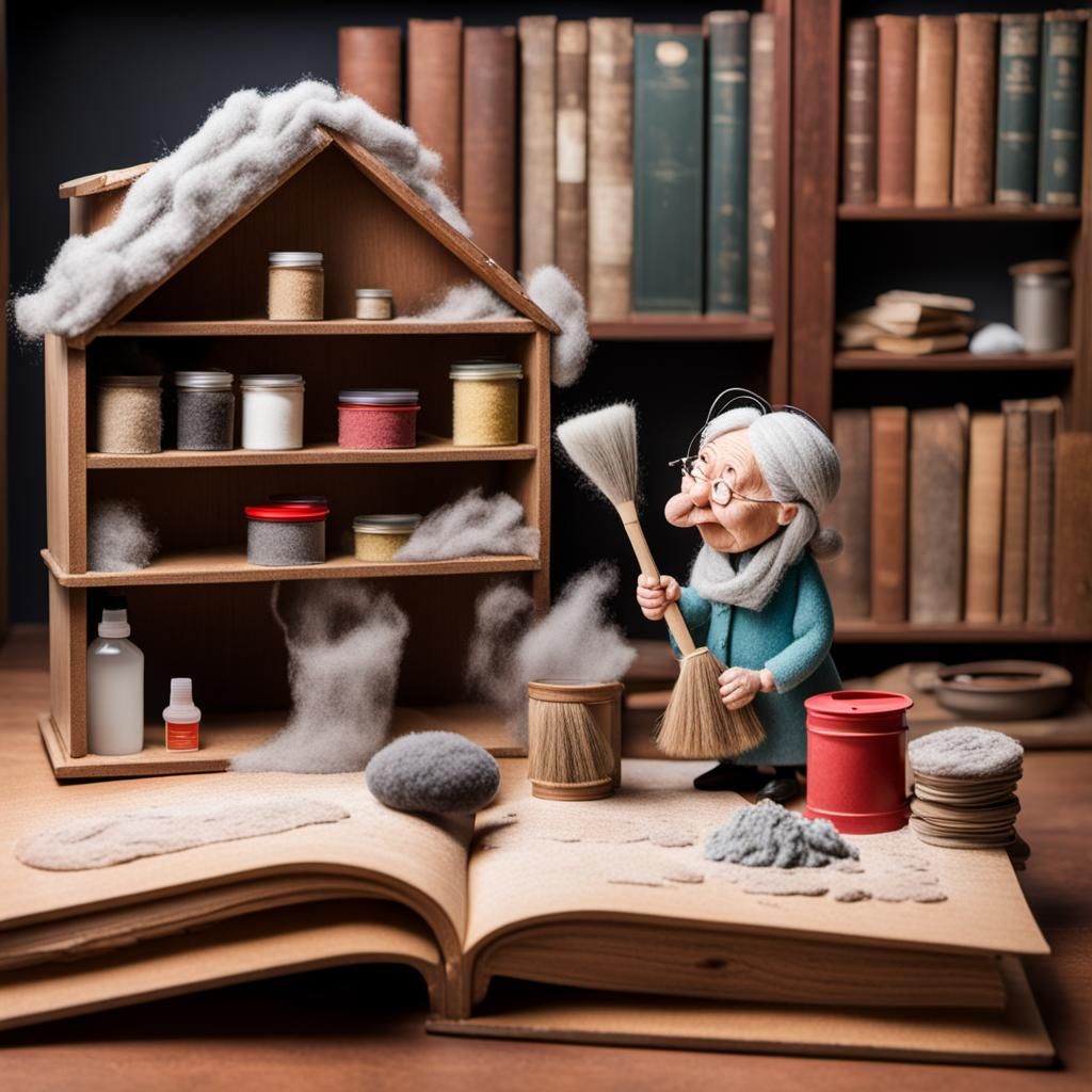 Lint in the shape of an old woman, dust on a cupboard. Someo...