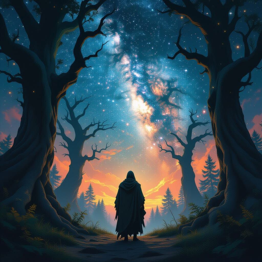 Mystical Figure Gazes at Galactic Sky