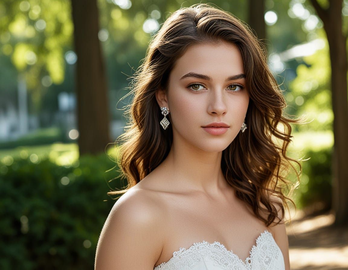 Elegant Young Woman in a Park, Close-Up Portrait in a Soft F...