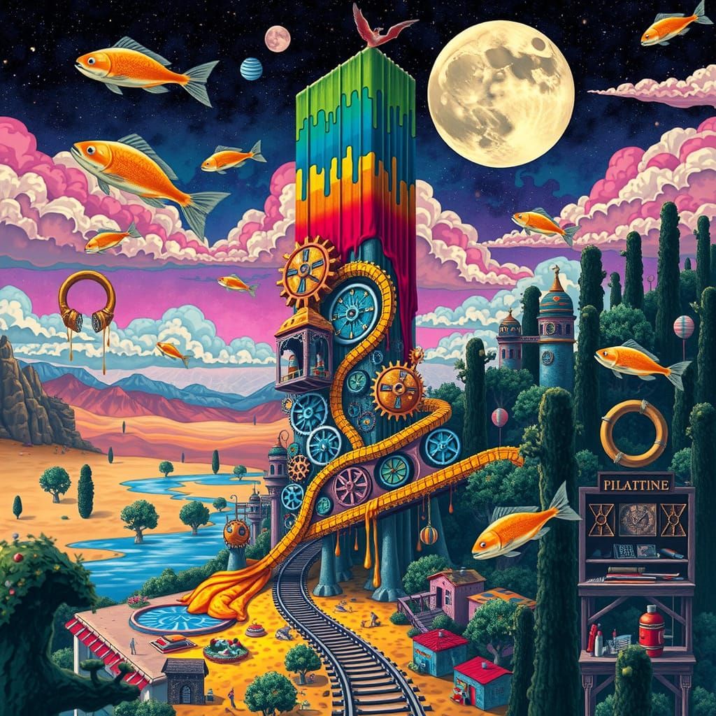 Surreal Clockwork Skyscraper in Dreamlike Landscape