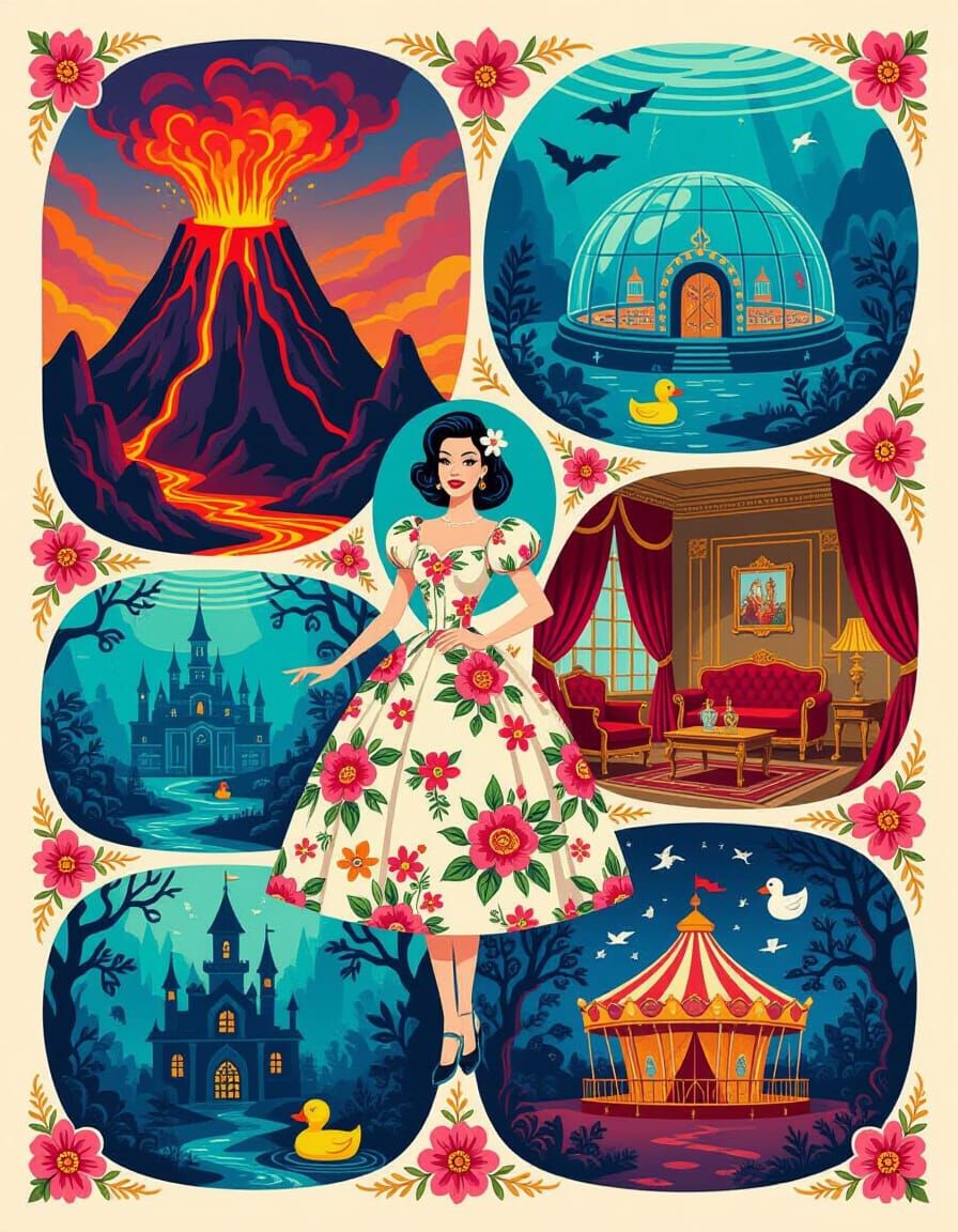 Fantastical Supervillain Lairs in Patchwork Art Style