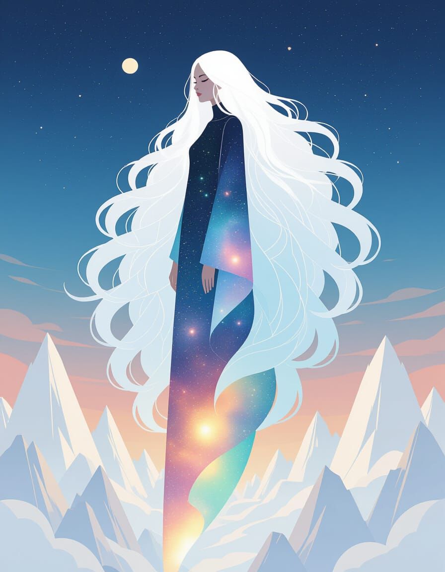 Celestial Being with Galactic Hair in Surreal Landscape