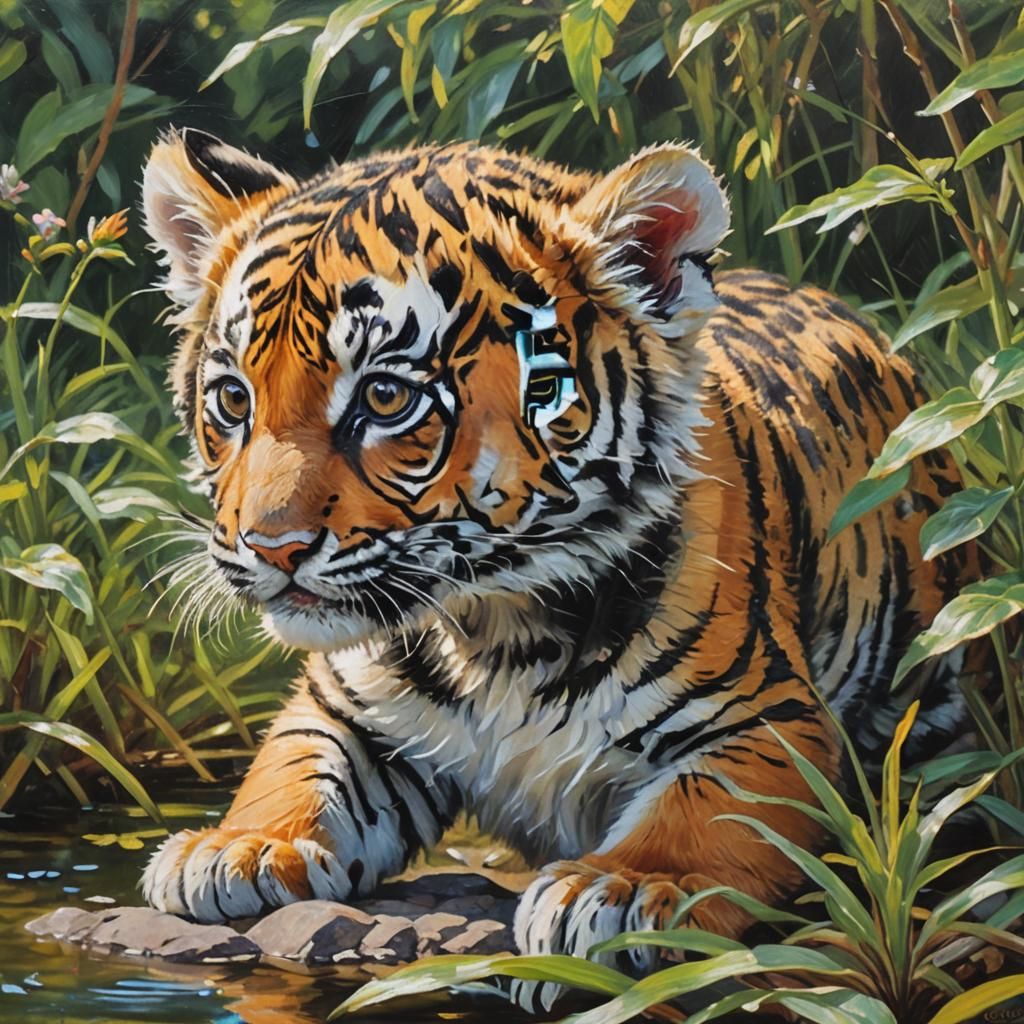 Tiger Cub in Nature as Impressionist Oil Painting