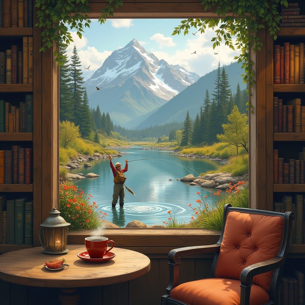 Cozy River Valley Coffee Shop Scene with Fresh Trout