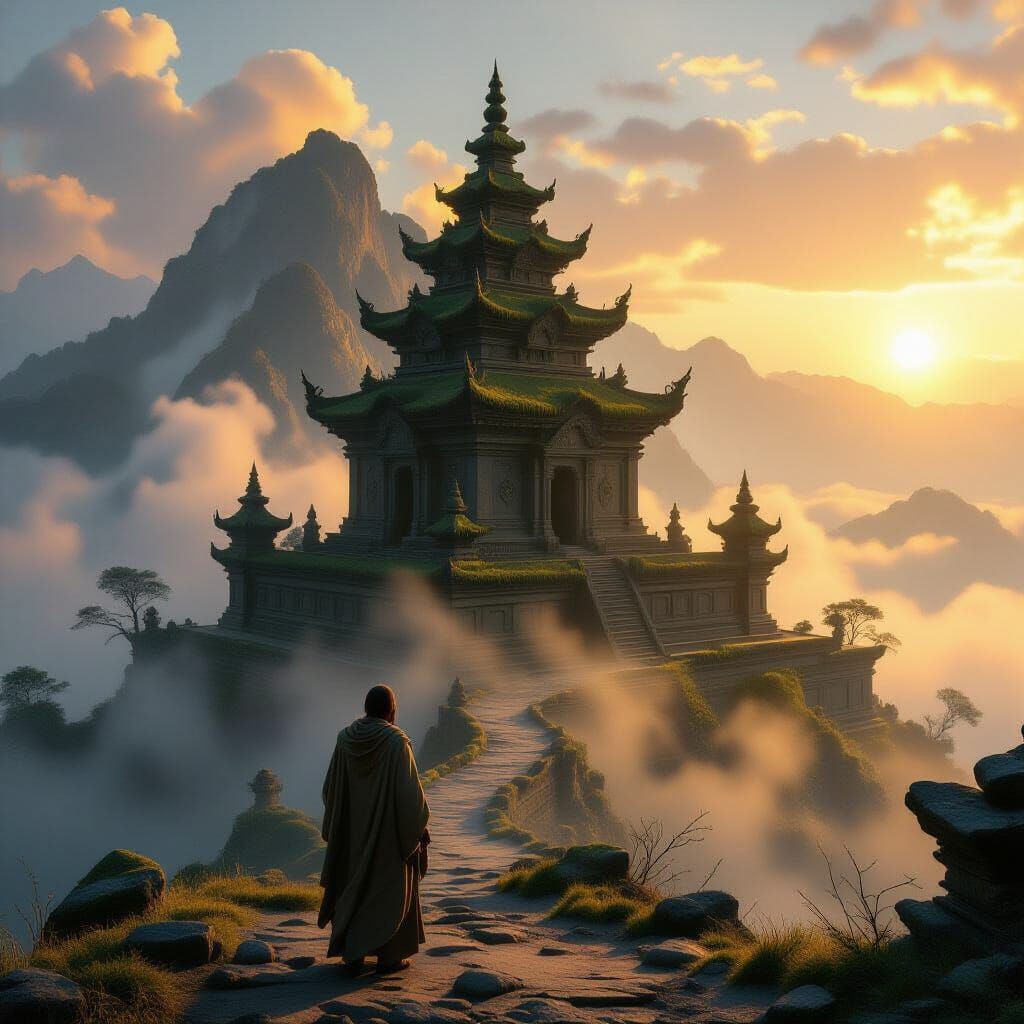 Ancient Temple on Misty Mountain Peak at Sunrise