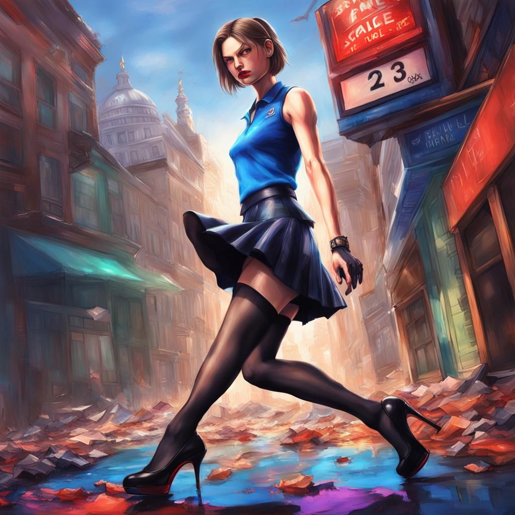 Jill Valentine wearing miniskirt, black pantyhose and high heels