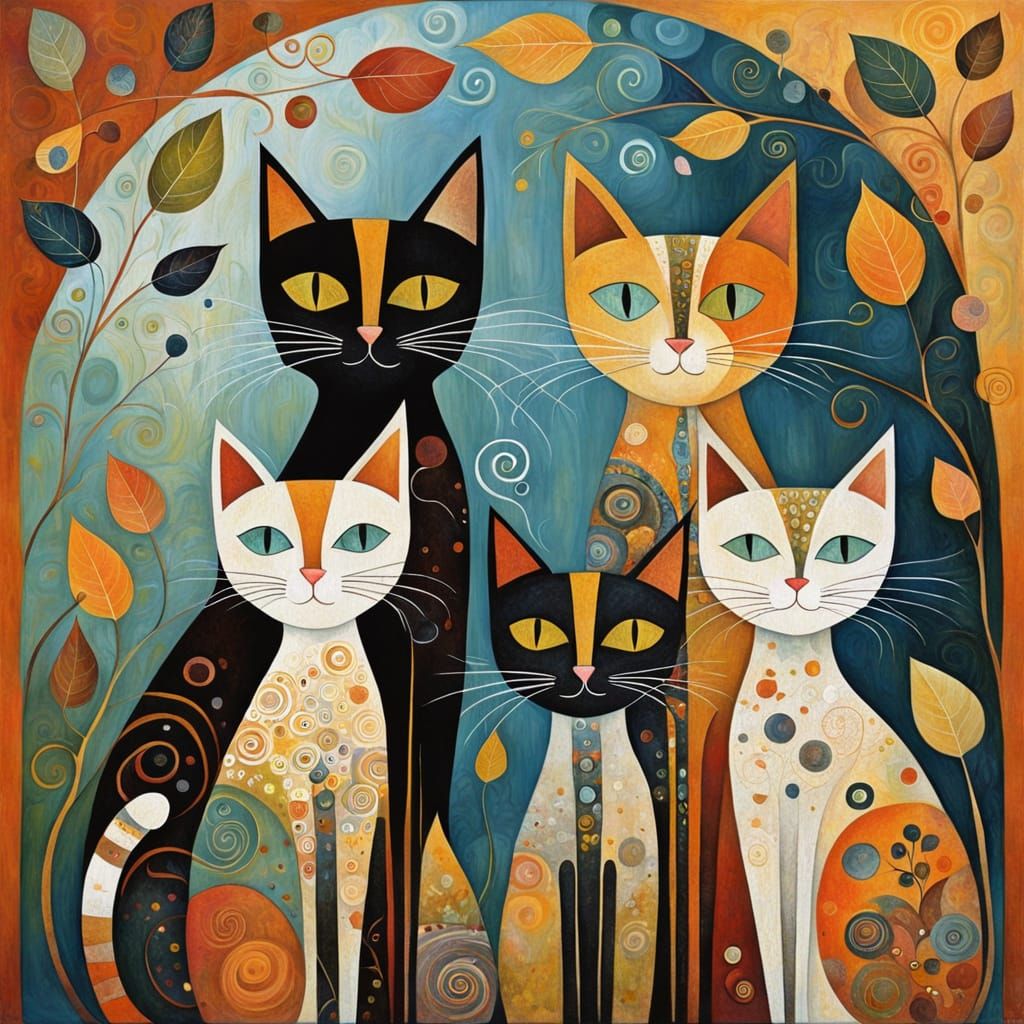 Abstract Cats in Autumn Palette, Whimsical Art