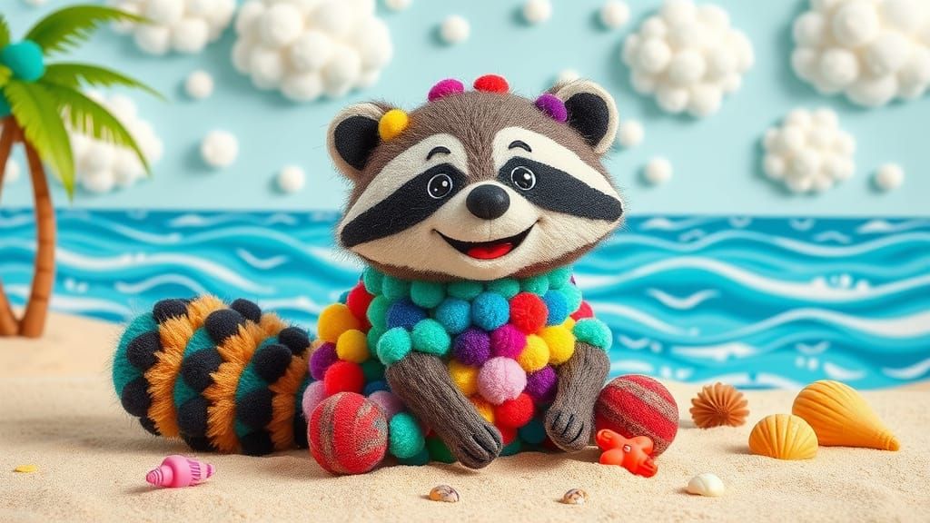 Happy Pom Pom Raccoon on Whimsical Beach