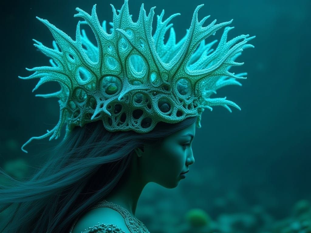 Mermaid Wears a Glowing Coral Crown in the Deep Ocean