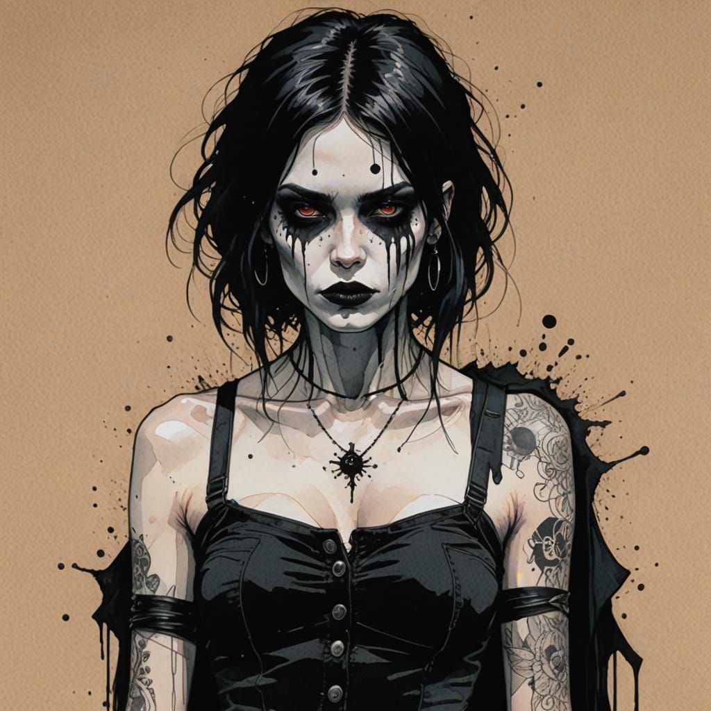 Goth Woman: Ink and Acrylic Sketch