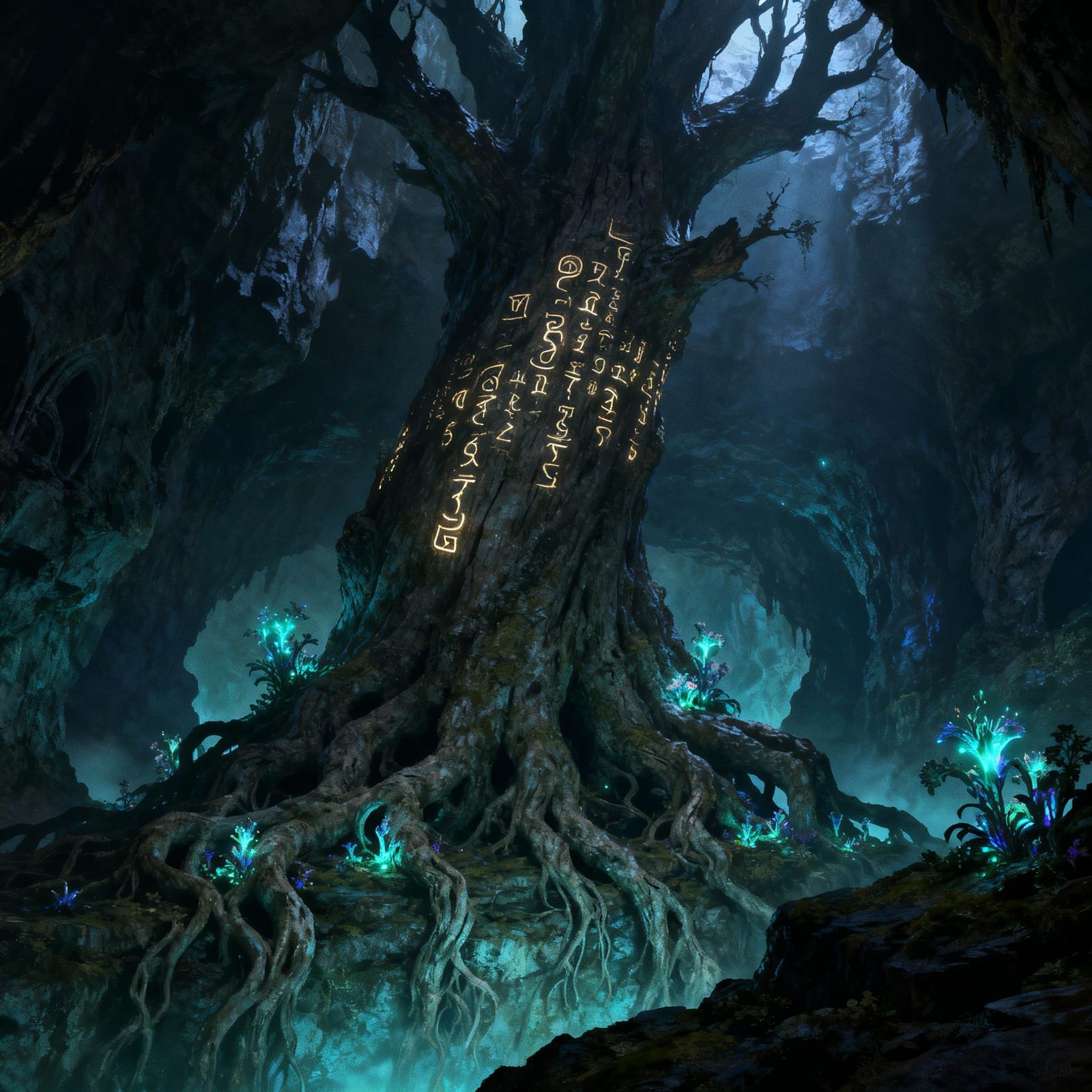 Colossal Ancient Tree With Glowing Runes in Mystical Cavern