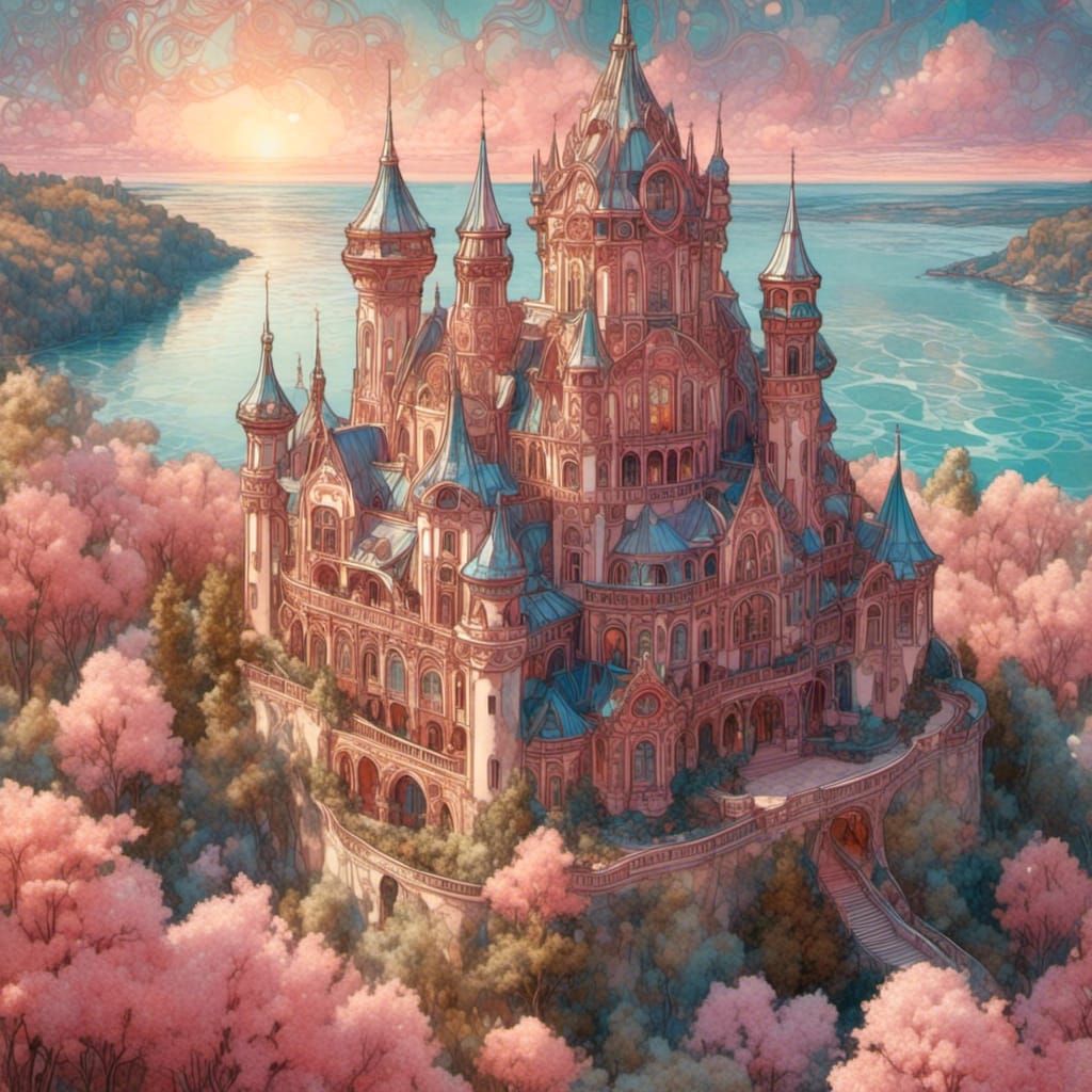 Whimsical Fairy Castle Art Nouveau Illustration