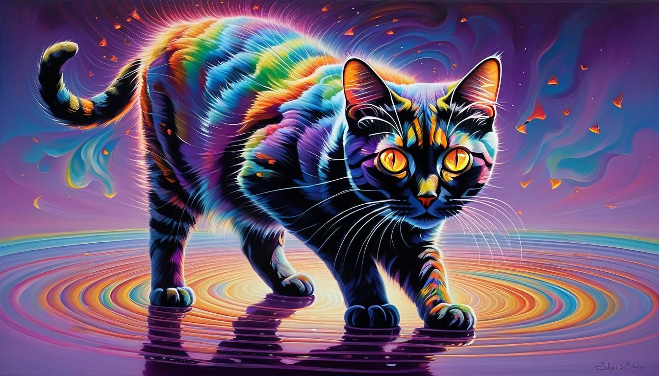 Surreal Cat in Hunting Stance with Glowing Eyes