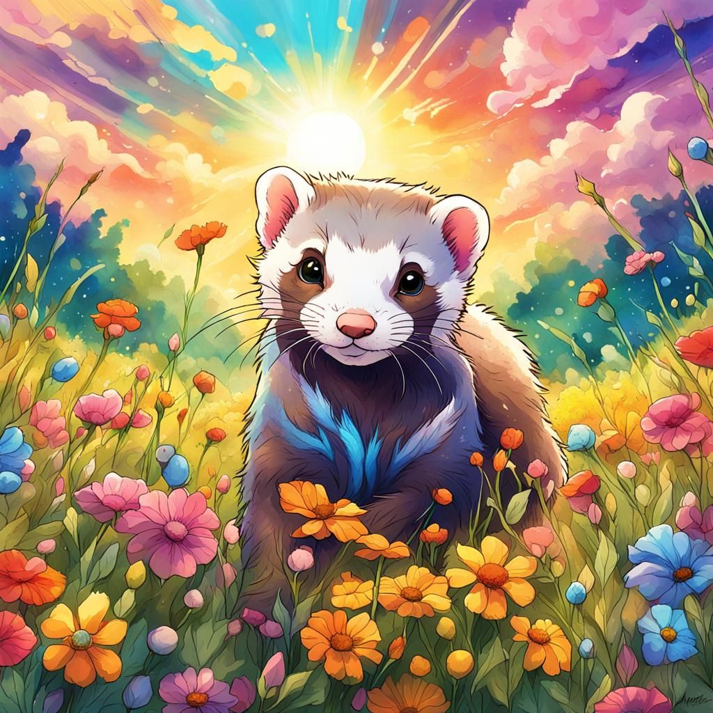 Playful Ferret in Sunny Flower Field: Anime Art