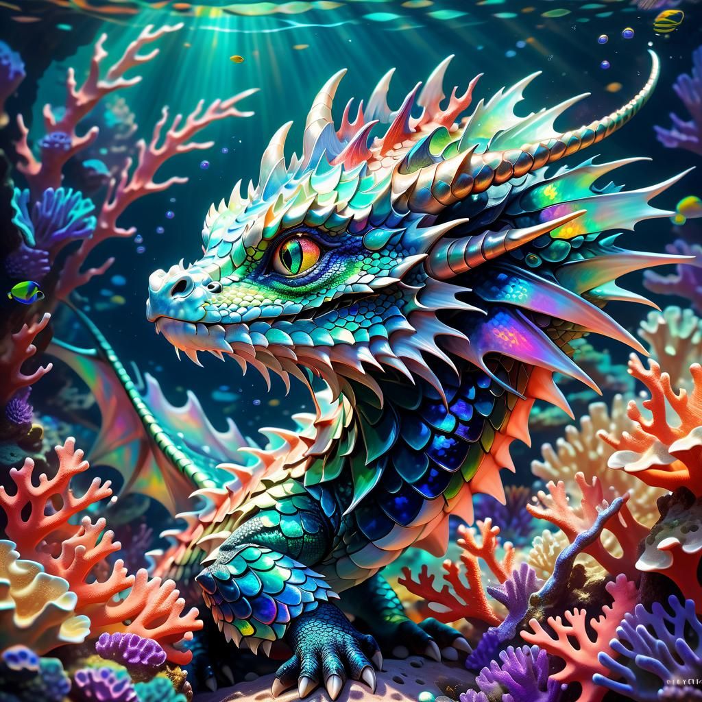 Iridescent Dragon Portrait Underwater Anime Style