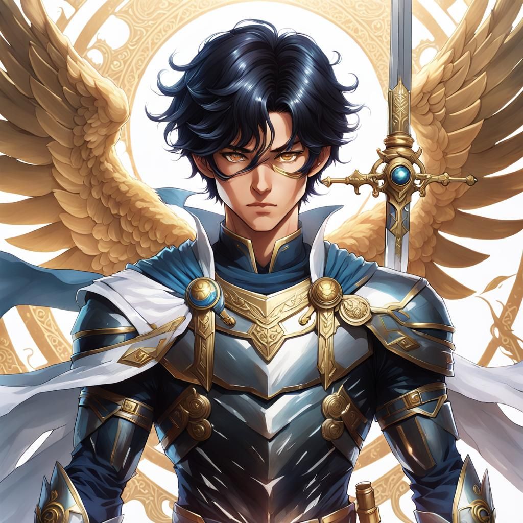 a man with short black hair and face mask and a sword in his...