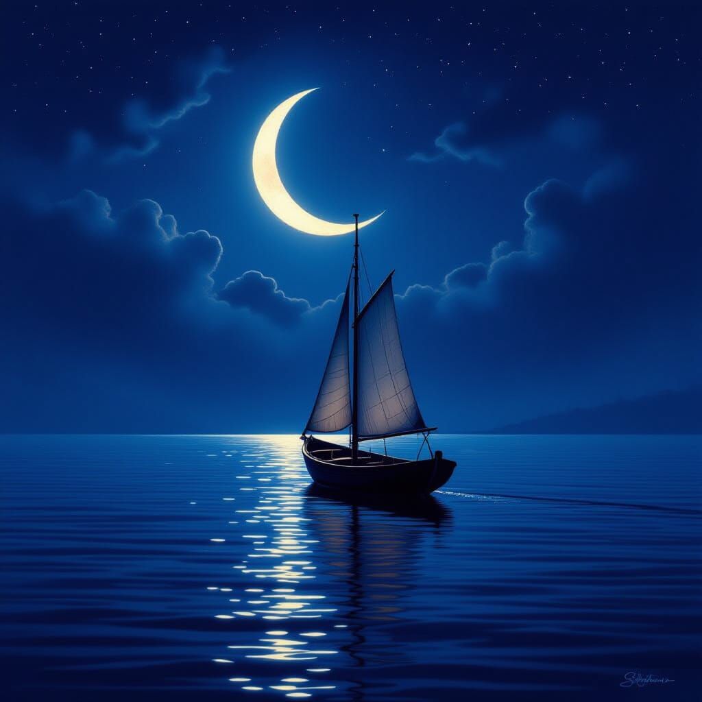 Serene Night Sailing Boat Under Crescent Moon