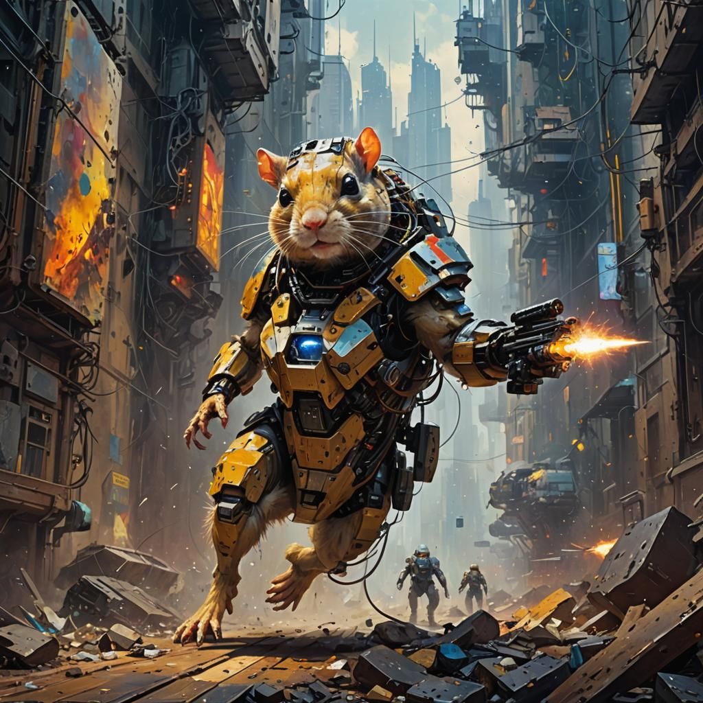 Cyborg Gerbil in Dystopian Sci-Fi Style