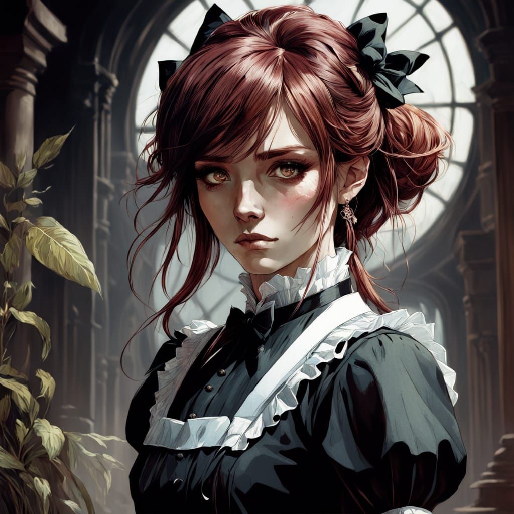 Dark Fantasy Anime Maid in Moody Chiaroscuro