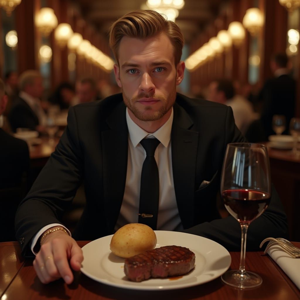 Hyperrealistic Photo of Man Dining in Upscale Restaurant