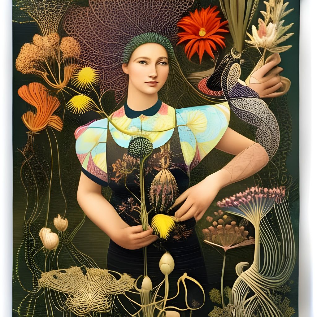 Girl Holding Flowers in Detailed Botanical Art
