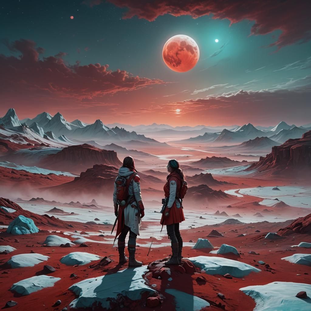 Couple on Red Moon in a Desolate Landscape