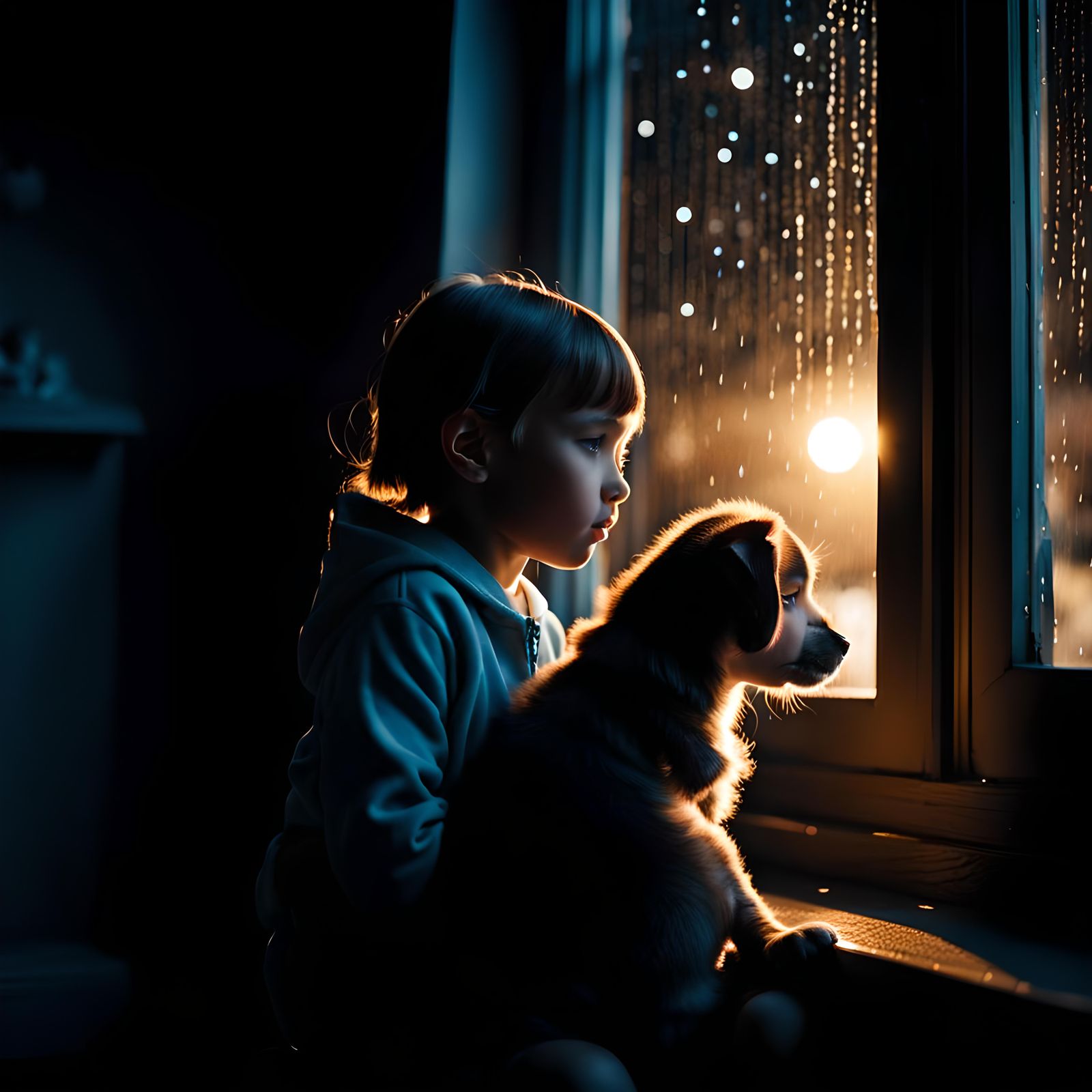 Child and Puppy Gazing at Moon Through Window