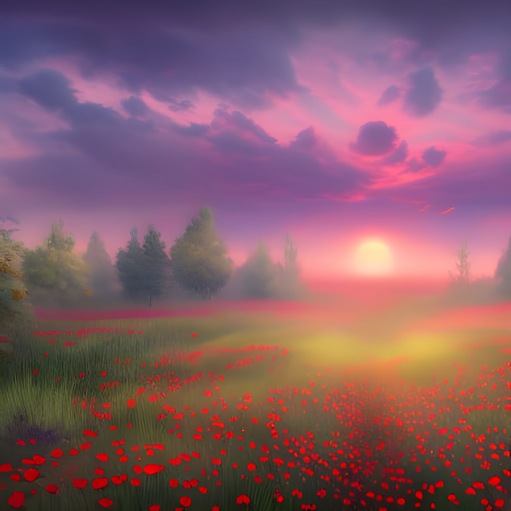 Colorful Poppy Field at Sunset in Photorealistic Style