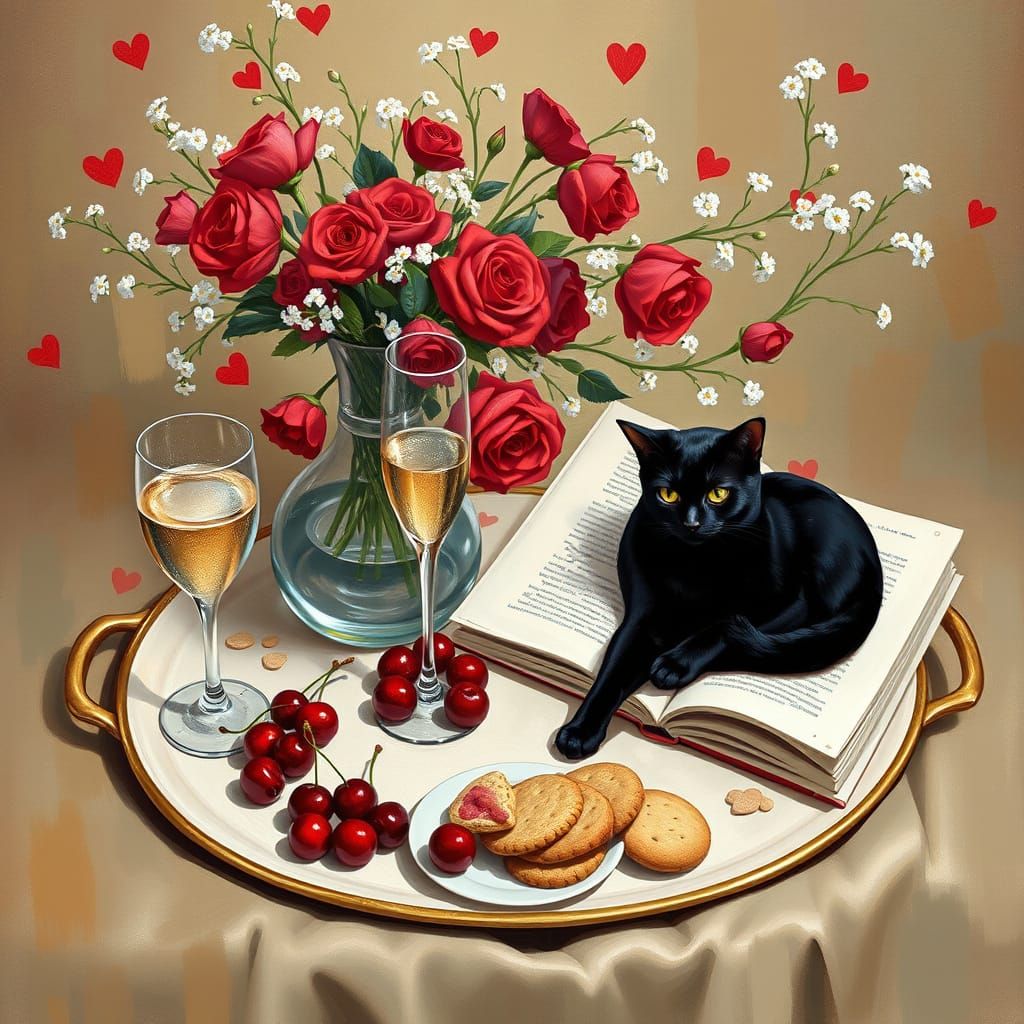 Surreal Whimsical Still Life with Champagne and Roses