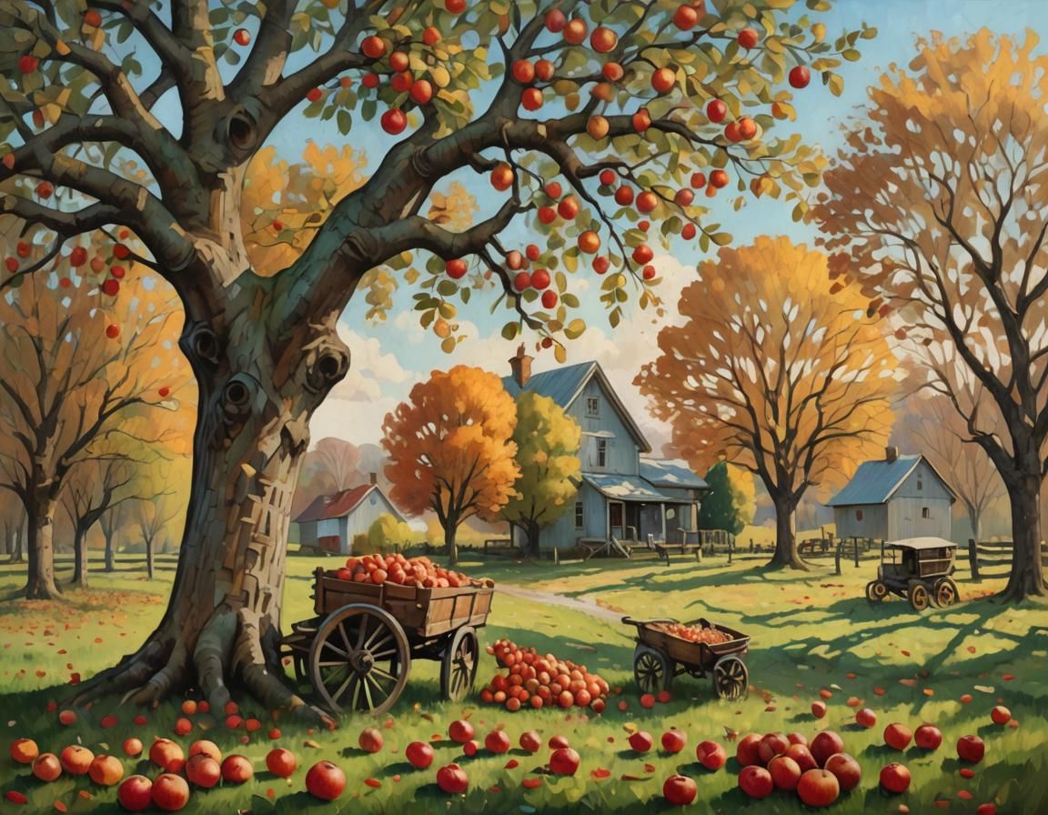 Autumn Orchard Oil Painting in Impasto Style
