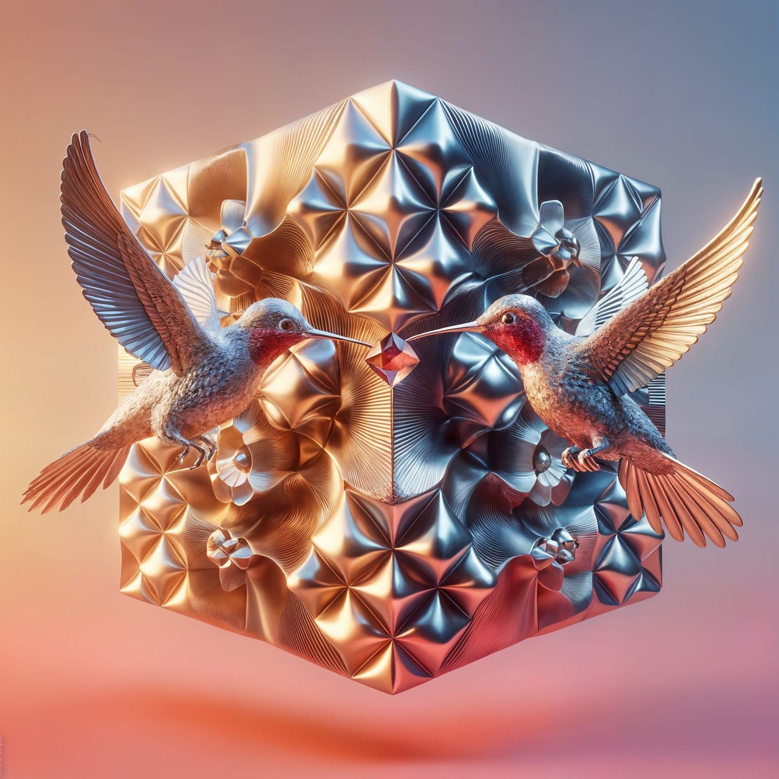 Metallic Hummingbirds Around Surreal Cube in 8K