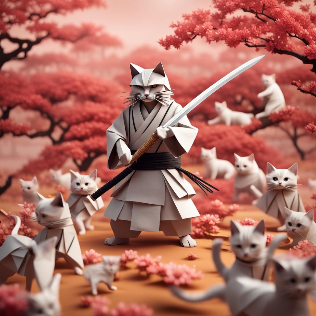 Samurai with Cats in Origami Papercraft Style