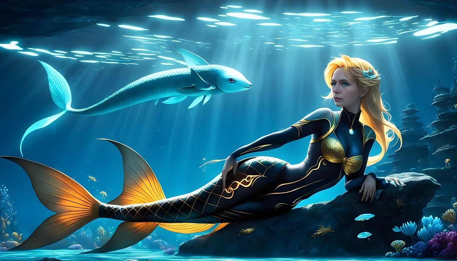 Deep ocean scene with light rays filtering from above. Tron Legacy epic movie scene.