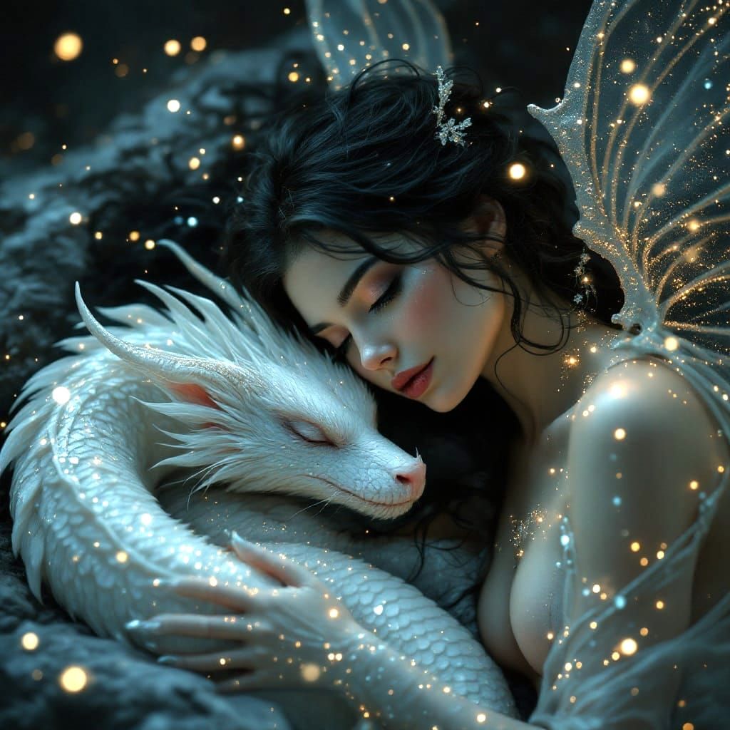 Mystical Fairy Woman in Deep Night with Sleeping Dragon