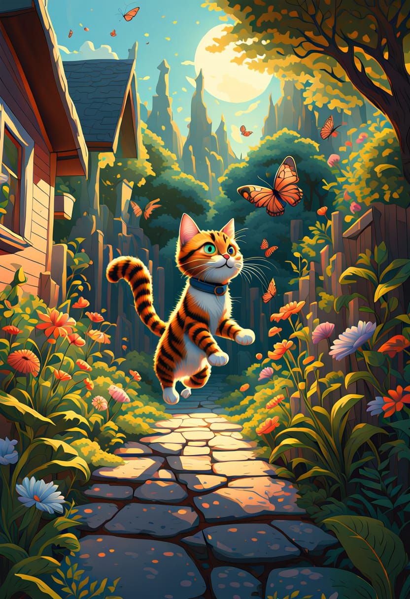 Vibrant Garden Chase in Whimsical Cartoon Style