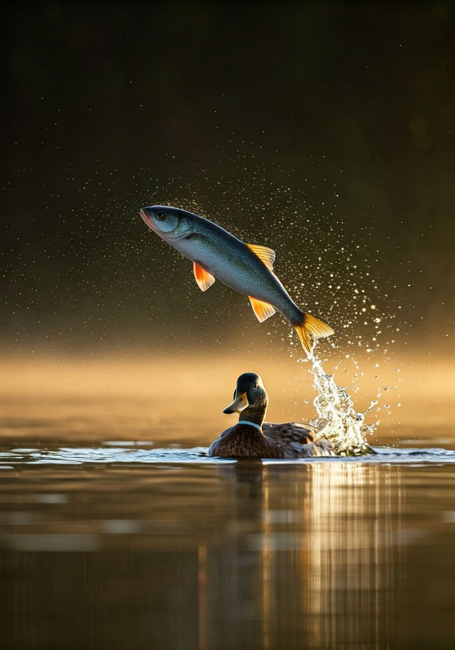 Photorealistic Fish Jumps Over Duck at Misty Sunrise Lake