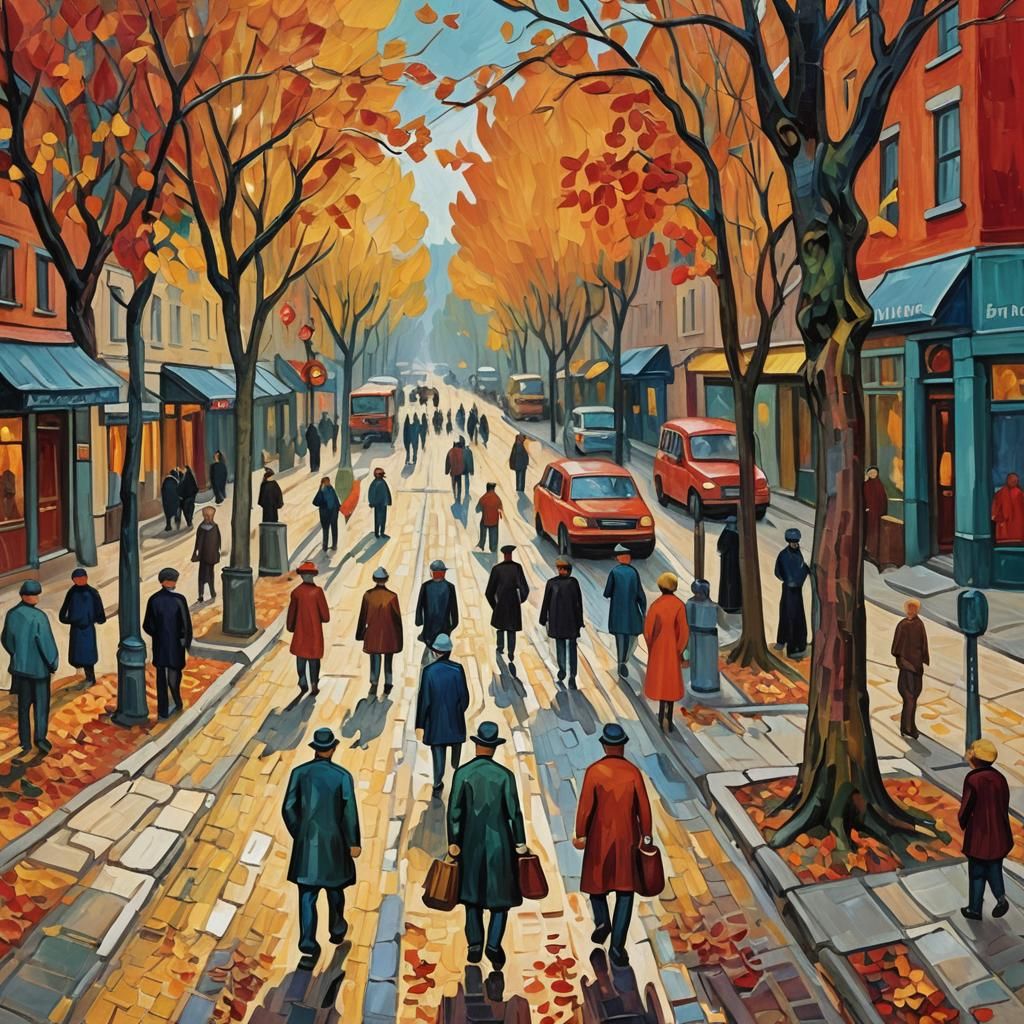 Autumn Street Scene in Fauvist Impasto Style