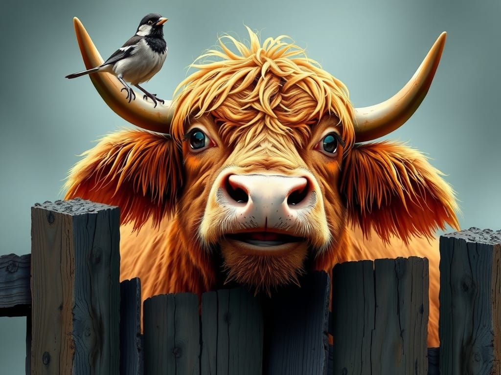 Mischievous Highland Cow with Bird, Hyperrealistic Splash Ar...