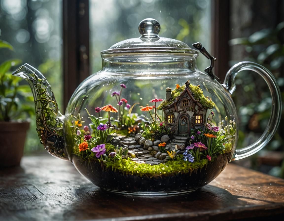A fairy’s garden inside a glass teapot