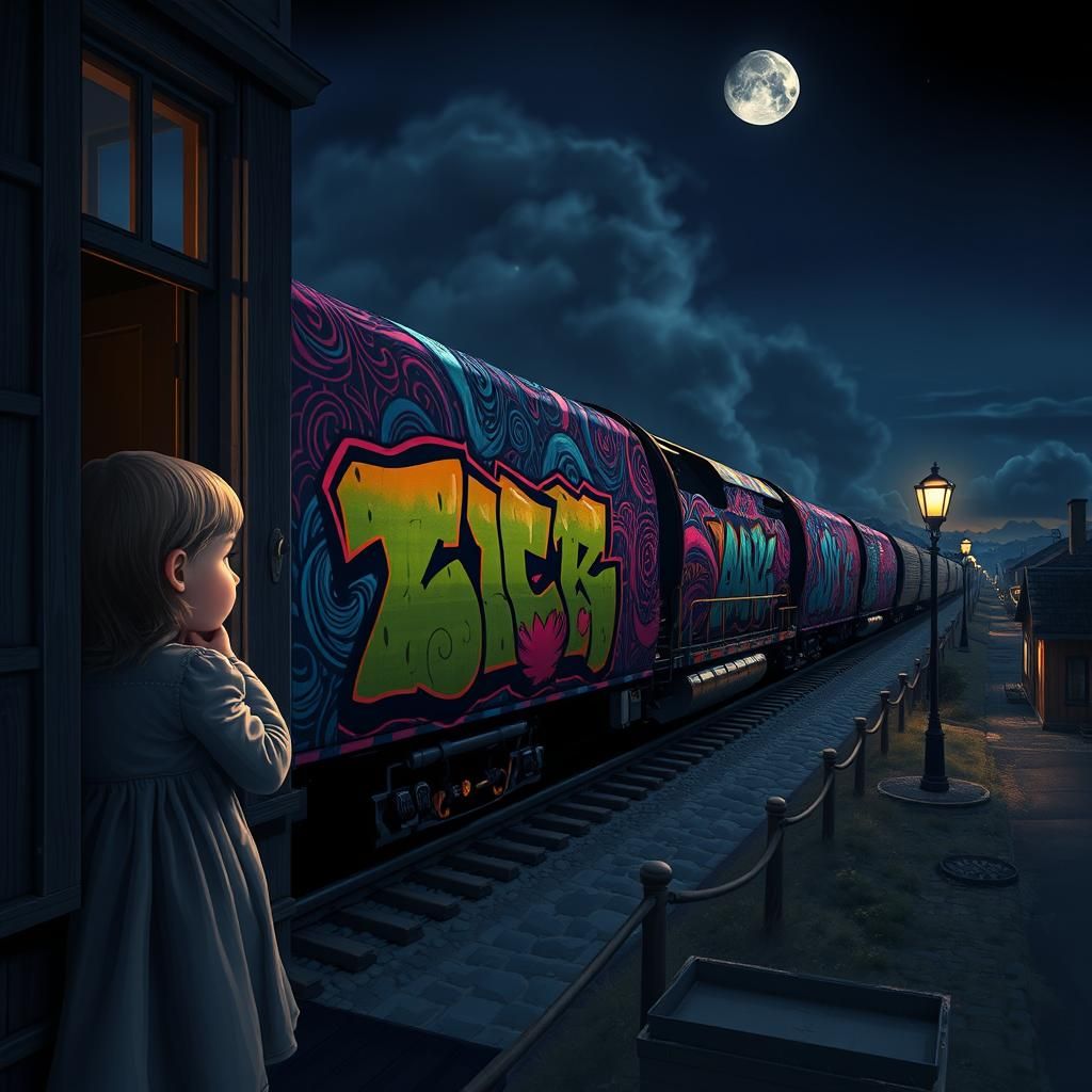 Graffiti Train Awakens Sleeping Town in Digital Art