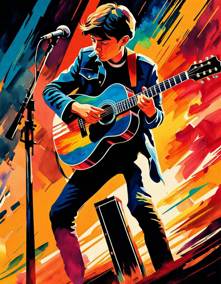 Defiant Teenager's Guitar Solo in Retro Watercolor