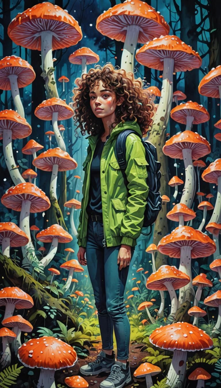 Woman in Fluorescent Mushroom Forest, Gouache Style