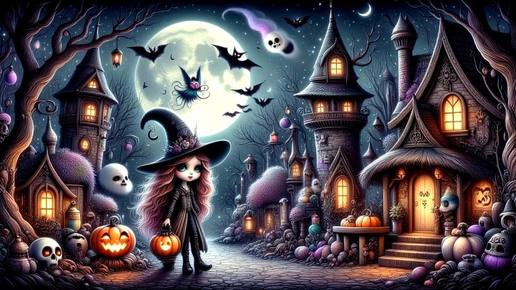 Ghostly Trick-or-Treaters in a Misty Halloween Town