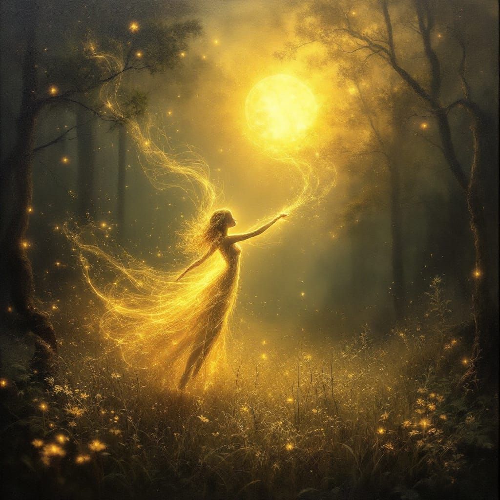 Light Fairy Dances in Misty Forest Glade