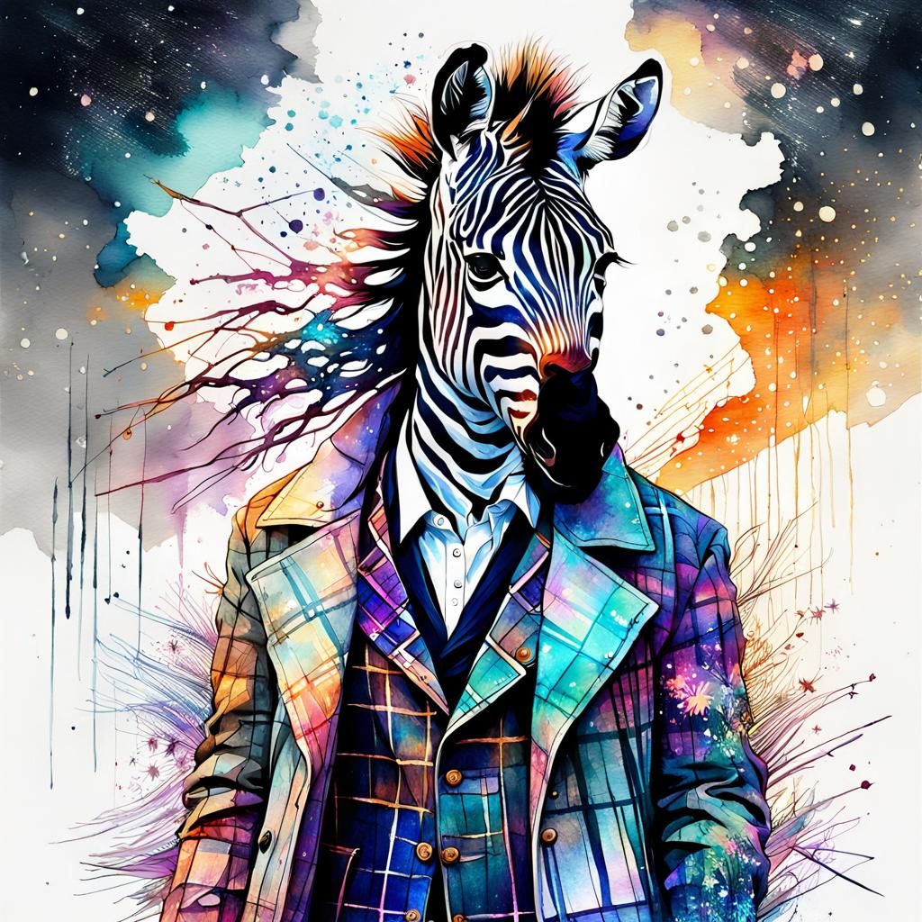 Plaid Zebra in Watercolor Galaxy