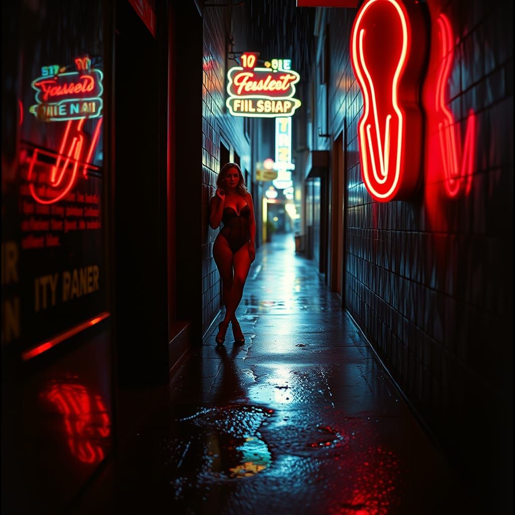 Mysterious Pin-Up in Moody Neon Alleyway