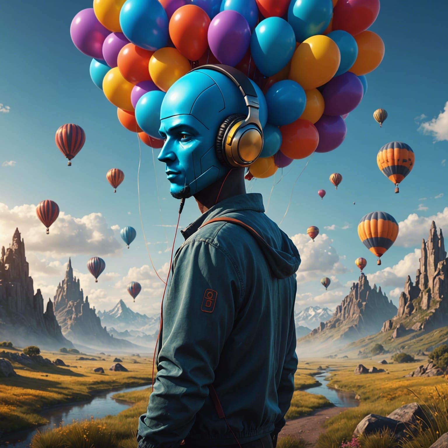 Balloon Man Listening to Music: Fantasy Concept Art