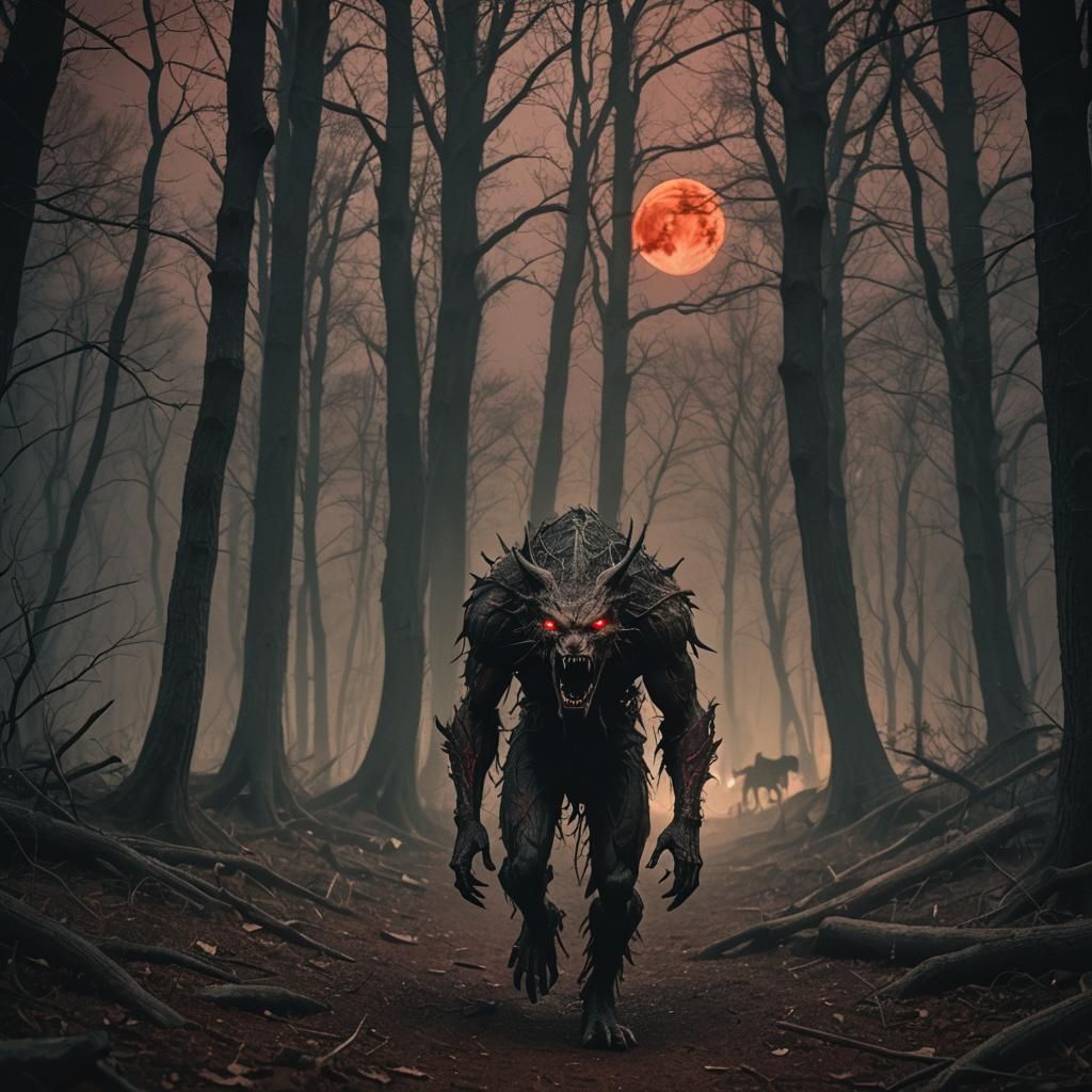 Cinematic Skinwalker in Woods Under Blood Moon